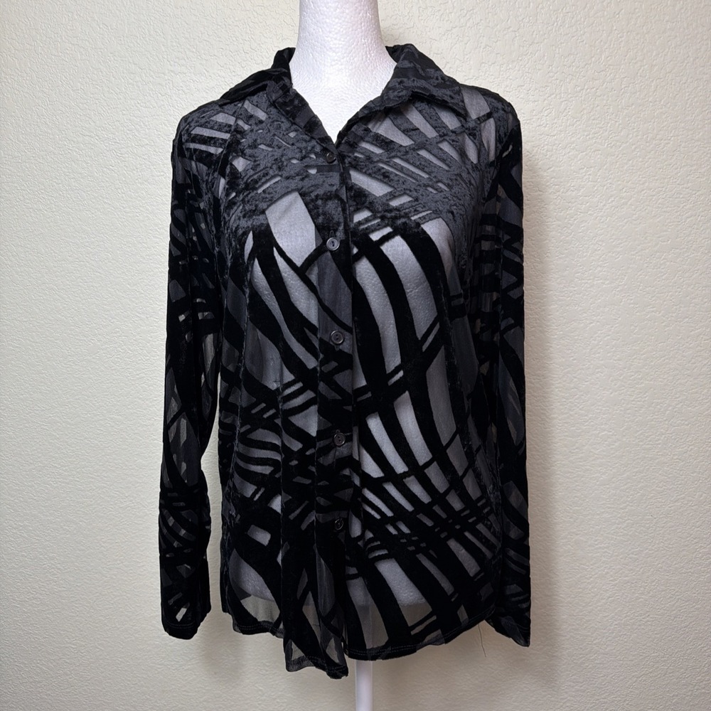Impressions Black Velvet Blouse S Sheer Burnout Mesh Top Whimsigoth Goth Vintage